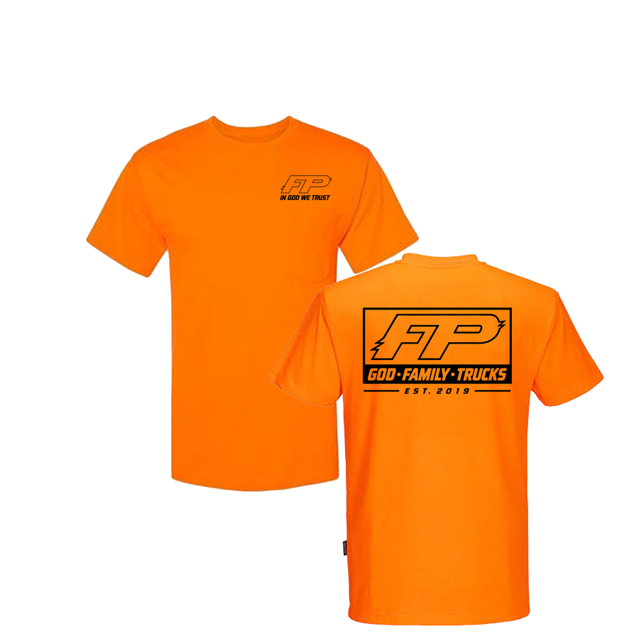 God, Family, Trucks Safety Orange Work Shirt