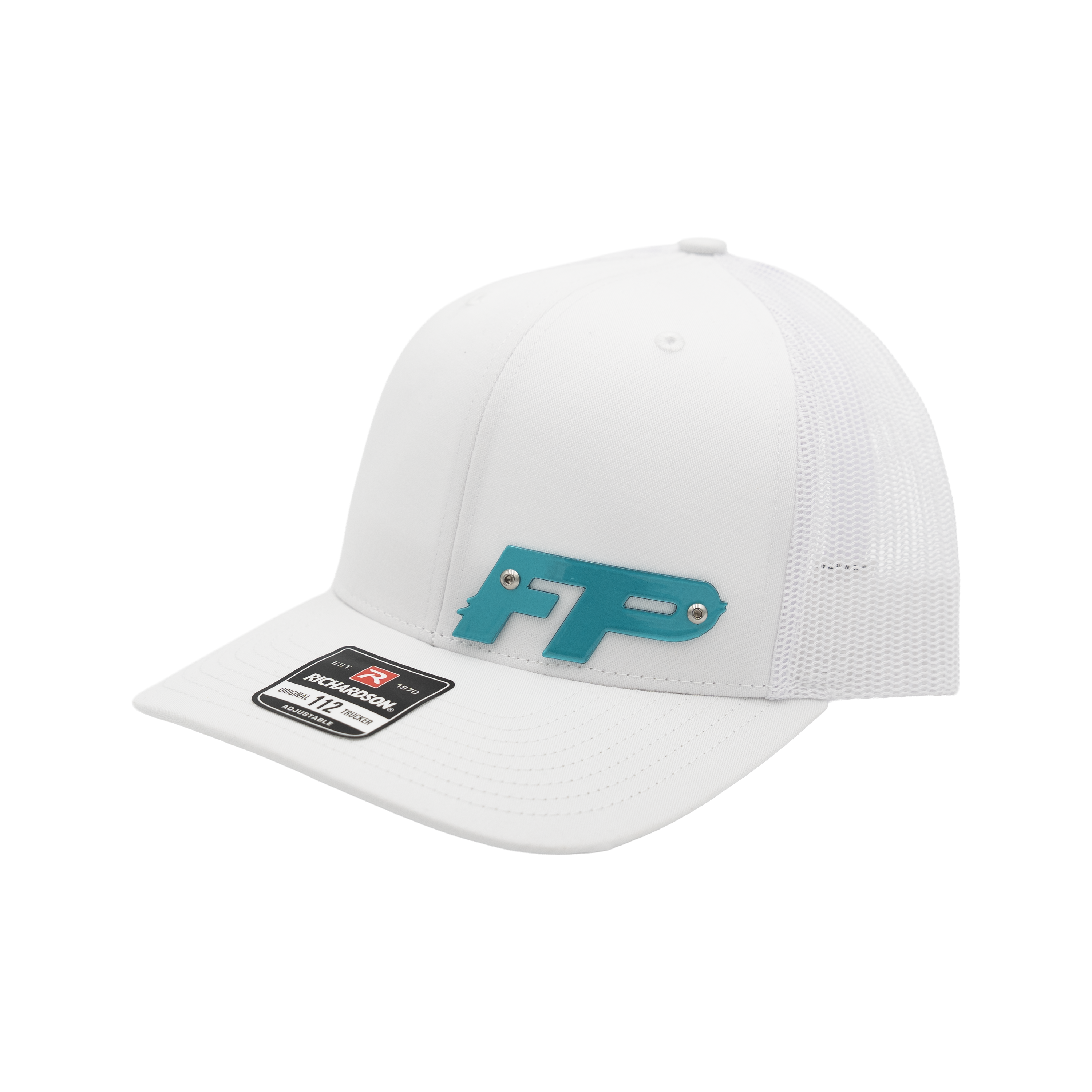 White and Teal Metal Badge Snapback